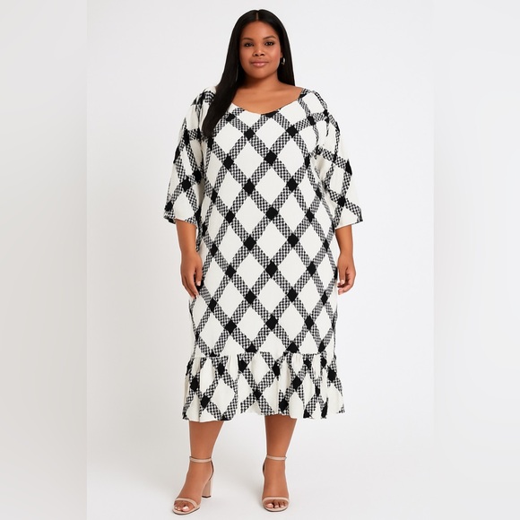 Ashley Stewart Dresses & Skirts - Ashley Stewart Black & White Gingham Ruffle Hem Midi Dress NWT Size 34/36
